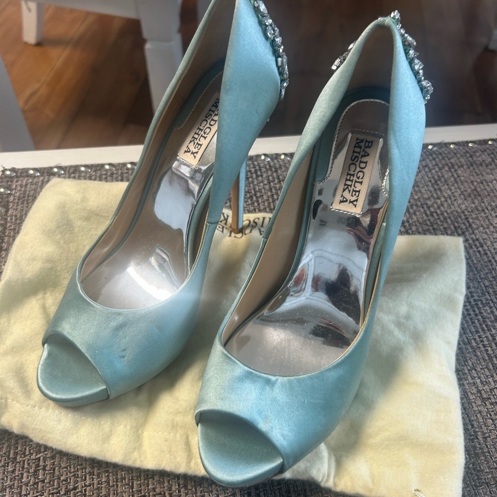 Badgley Mischka Seafoam Satin Peep-Toe Heels with Crystal Back Detail